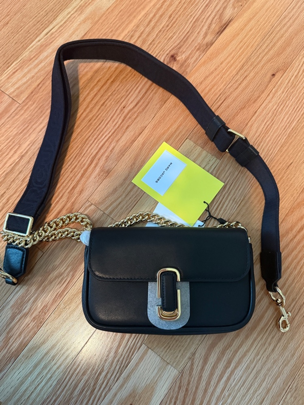 Marc Jacobs The J Soft Shoulder Black Leather Crossbody with Gold Chain Accent
